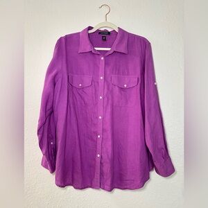 Lauren Ralph Lauren 100% Linen Purple Long Sleeve Button Down Top